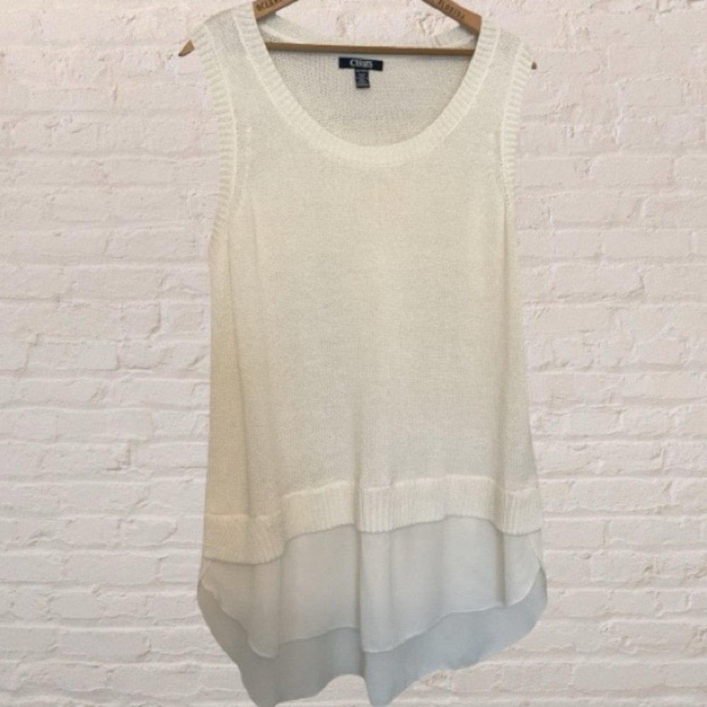 CHAPS White Knit crew neck sweater vest chiffon layer hem XL